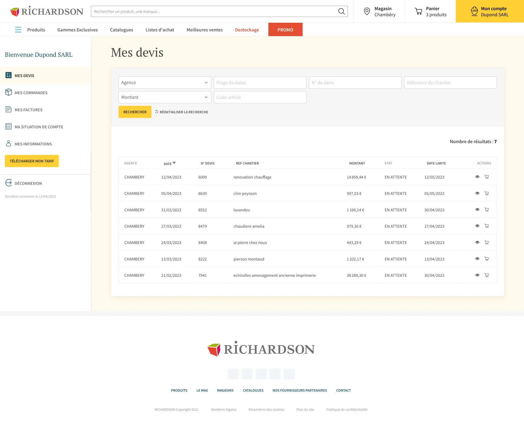 Espace « Mes devis » : référence de chantier, agence Richardson impliquée et codes articles issus de la base métier.