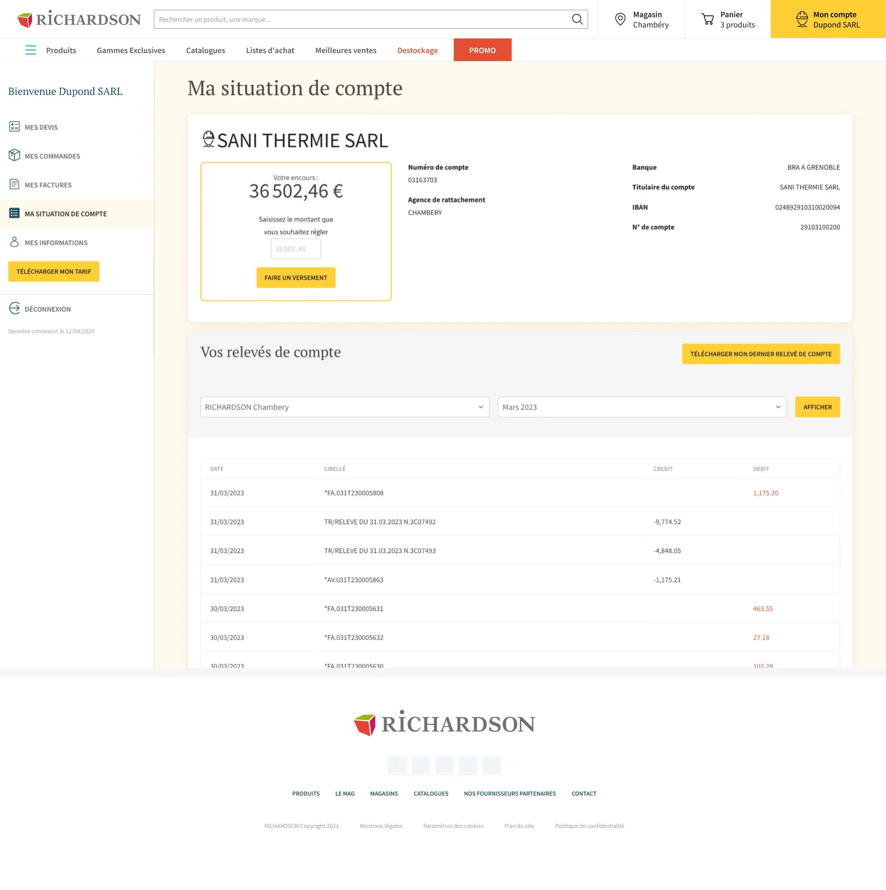 Espace « Ma situation de compte » : encours, relevés de compte, IBAN et agence de rattachement.