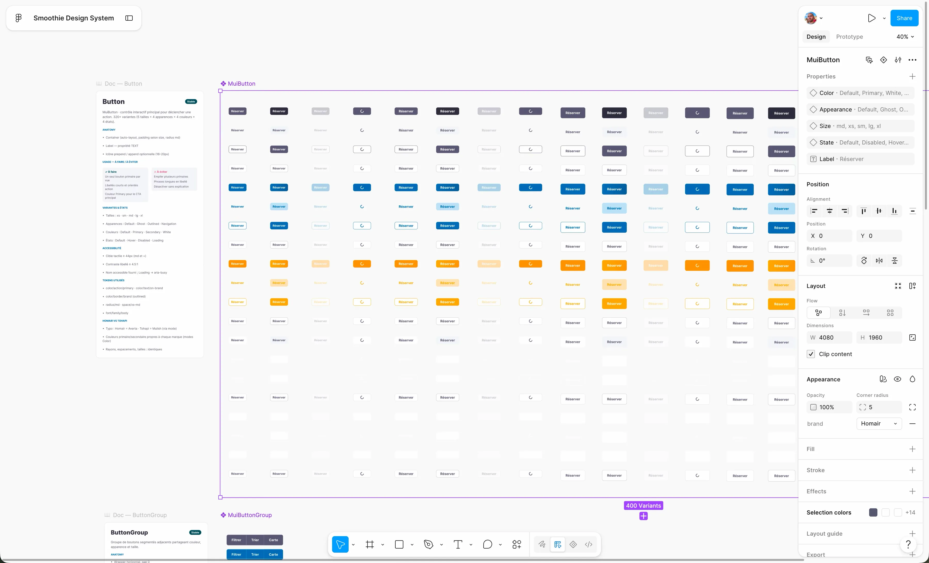 Composant bouton du design system : 400 variantes couvrant tailles, apparences, couleurs et états.