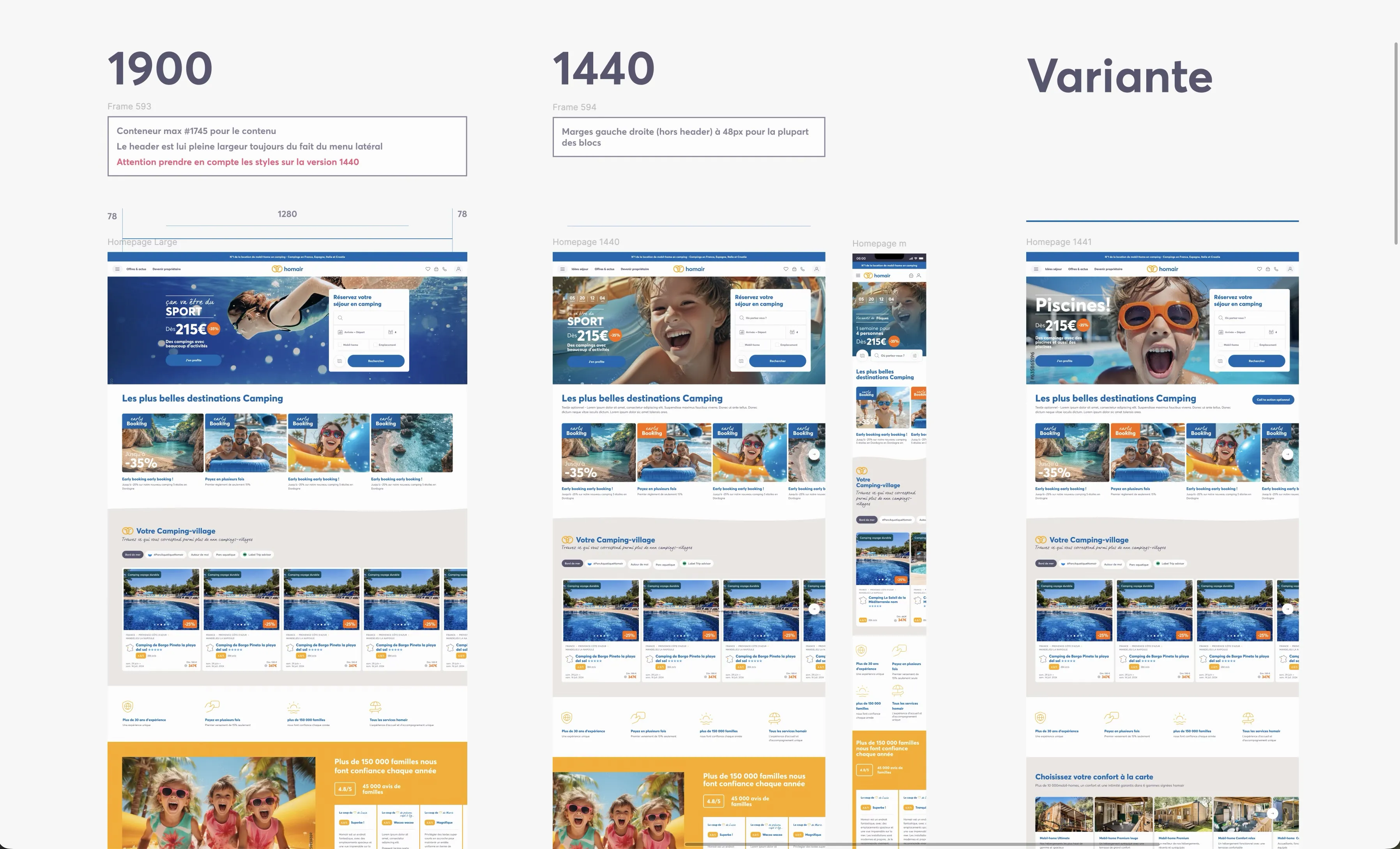 Design de la page d'accueil, décliné du desktop large au responsive mobile.