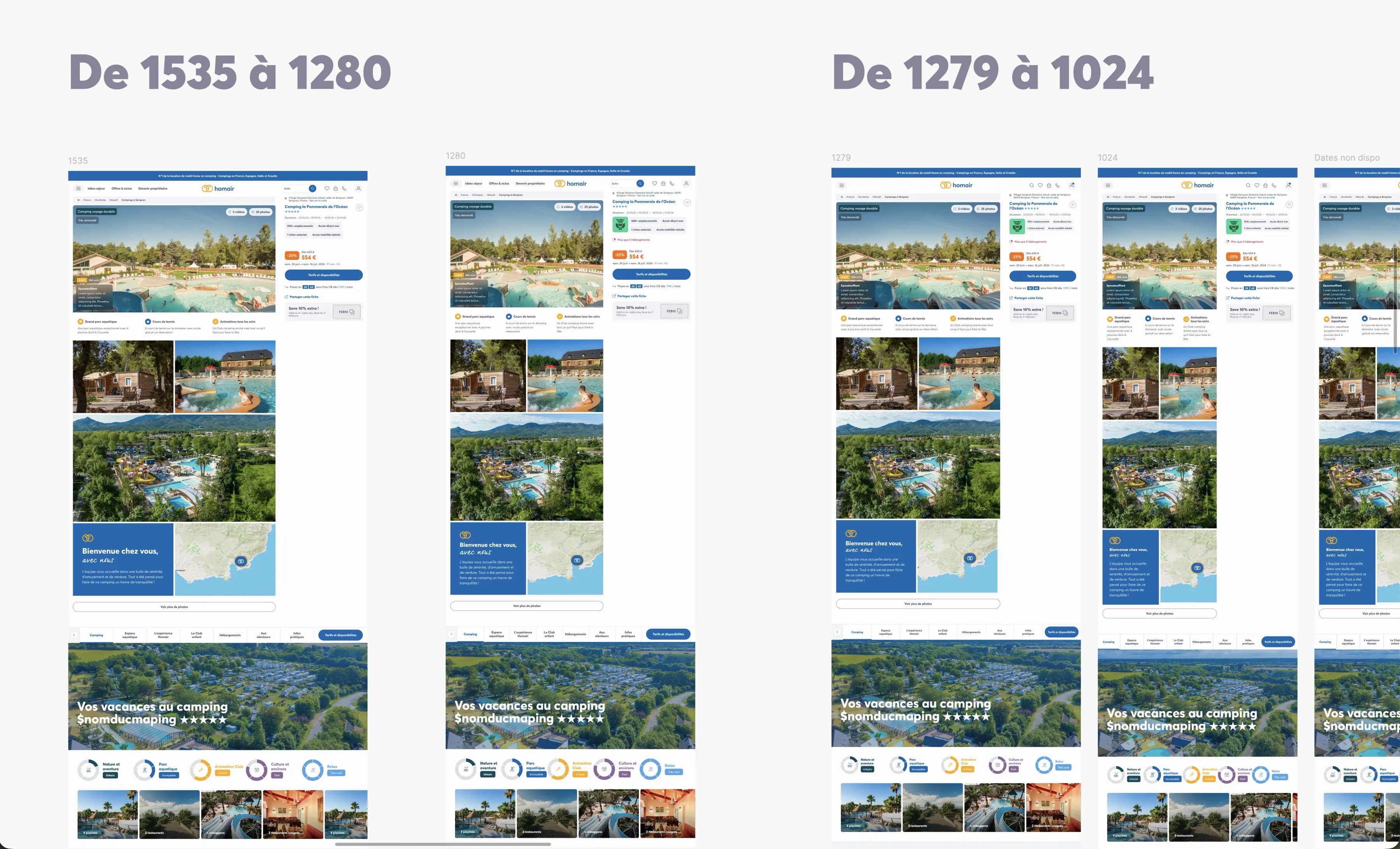 Fiche produit déclinée sur les différents paliers de largeur, du desktop au mobile.